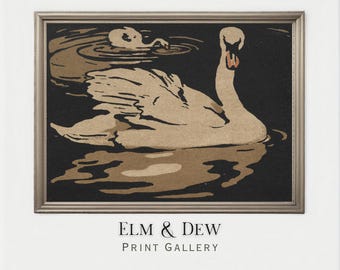 May include: A framed print featuring two swans on a dark pond. The larger swan is in the foreground with its wings spread, and a smaller swan swims in the background. The print has a vintage aesthetic with a neutral color palette. The text "ELM & DEW PRINT GALLERY" is at the bottom.