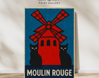 Moulin Rouge Black Cat Print, Art Deco Poster Reproduction, Paris Cabaret Wall Art, Vintage French Decor, Printable Digital Download
