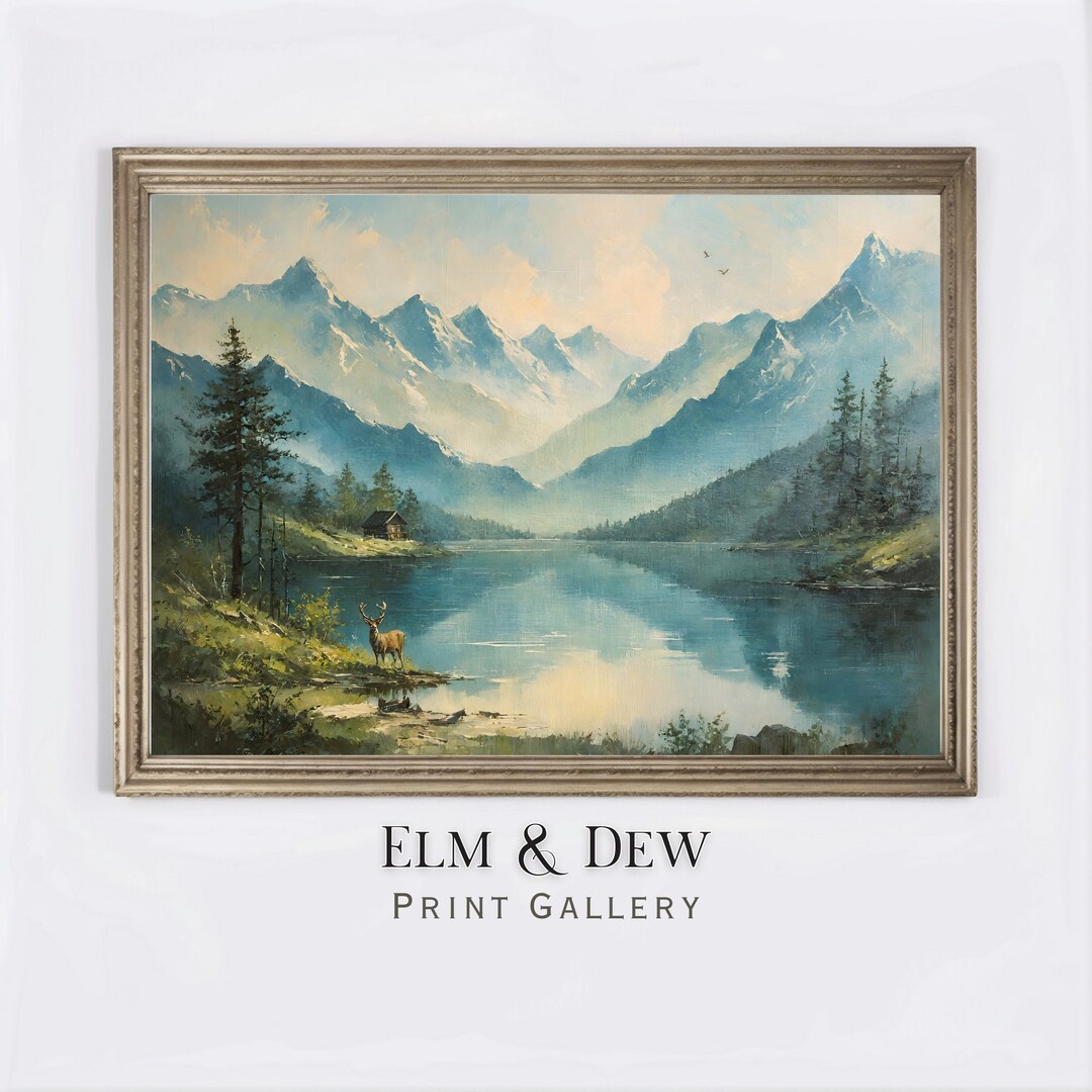 Rustic Cabin by the Lake Mountain Landscape Painting, Rustic Wall Art ...