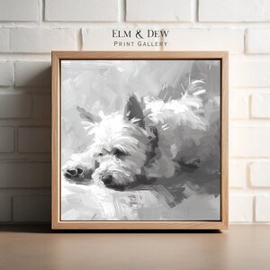 May include: A black and white painting of a white dog sleeping. The dog is lying on its side with its head resting on its paws. The painting is done in a loose, impressionistic style.