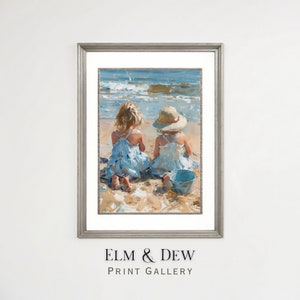 Printable Family at the Beach Art, Vintage Coastal Wall Decor, Seaside Travel Print, Ocean Scene, Digital Download, Summer Home Art