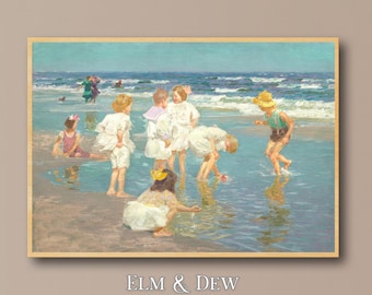Summer Beach Wall Art, Vintage Seaside Art, Children Print, Family Art, Coastal Print, Blue Decor, Friendship Print, Printable Digital Art