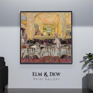 May include: A framed print of an impressionist painting depicting a restaurant interior. The artwork features tables with white tablecloths, chairs, and figures of people. The color palette includes warm tones of yellow, beige, and red.
