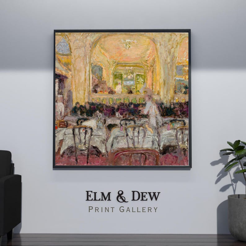 May include: A framed print of an impressionist painting depicting a restaurant interior. The artwork features tables with white tablecloths, chairs, and figures of people. The color palette includes warm tones of yellow, beige, and red.