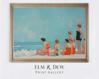 Vintage Beach Scene Art Deco Print, Retro Summer Decor, Seaside Wall Art, Beach Printable Digital Download