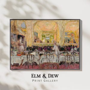 May include: An impressionistic painting of a restaurant interior with tables, chairs, and figures. The artwork features a warm color palette with shades of yellow, pink, and brown. The text "ELM & DEW PRINT GALLERY" is at the bottom.