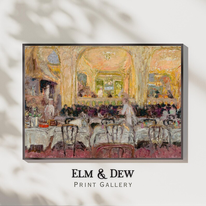 May include: An impressionistic painting of a restaurant interior with tables, chairs, and figures. The artwork features a warm color palette with shades of yellow, pink, and brown. The text "ELM & DEW PRINT GALLERY" is at the bottom.