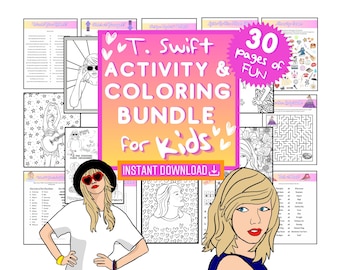 Peut inclure: Un lot de coloriages et d'activités imprimables mettant en scène Taylor Swift. La couverture présente une illustration en noir et blanc de Taylor Swift sur un fond de cœurs roses. Le titre est "T. Swift Activity & Coloring Bundle for Kids". Le texte "30 pages de fun" est dans un cercle rose.