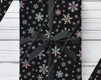 Pastel on Black Snowflake Christmas Wrapping Paper Roll | Gothic Snowflakes Xmas Gift Wrap