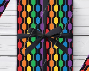 Papel de regalo moderno de mediados de siglo con temática del orgullo LGBTQ+ / Papel de regalo geométrico arcoíris retro / Regalo LGBTQ+