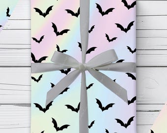 Papel de regalo Pastel Goth Murciélagos / Papel de regalo arcoíris espeluznante para cumpleaños, Halloween o Navidad