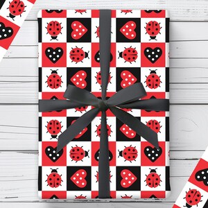 Ladybug Wrapping Paper, Black White Red Retro Checkered Gift Wrap, Lady Bug Garden Gift, Cute Insect Party Supplies, Children's Birthday