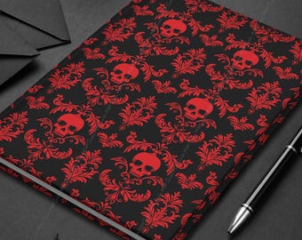 Red Skull Damask Hardcover Journal | Gothic Notebook for Writing & Sketching | Dark Academia Staionery
