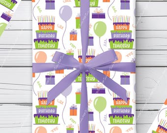 Personalized Birthday Wrapping Paper | Custom Name Gift Wrap | Birthday Cake Party Decor