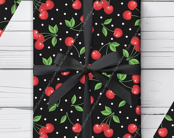 Black Cherry Wrapping Paper | Polka Dot Retro Gift Wrap | Vintage Style Rockabilly Pattern Paper