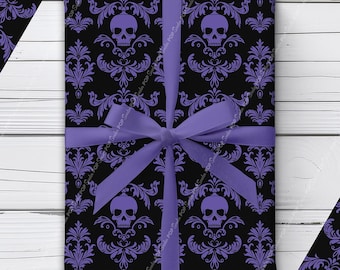 Violet Skull Damask Wrapping Paper | Purple Gothic Gift Wrap for Halloween, Birthday, Goth Wedding