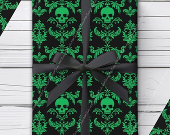 Green Skull Damask Wrapping Paper | Gothic Gift Wrap for Spooky Christmas, Birthday, Goth Anniversary