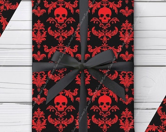 Red Skull Damask Wrapping Paper | Gothic Gift Wrap for Halloween, Christmas, Birthday, Goth Anniversary