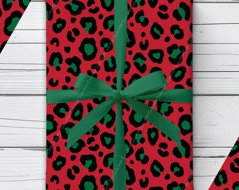 Red and Green Leopard Print Christmas Wrapping Paper | 80s Retro Animal Print Gift Wrap