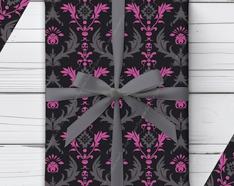 Victorian Gothic Damask Wrapping Paper | Pink Skull Gift Wrap | Magenta Black Goth Wedding Wrap