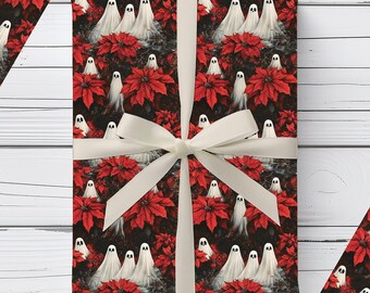 Poinsettias and Ghosts Christmas Wrapping Paper Roll | Spooky Goth Xmas Gift Wrap
