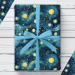 Carta da regalo "Notte stellata" ispirata a Vincent Van Gogh, stampa di carta da regalo celeste di un maestro d'arte, design artistico per regali di compleanno e di festa.
