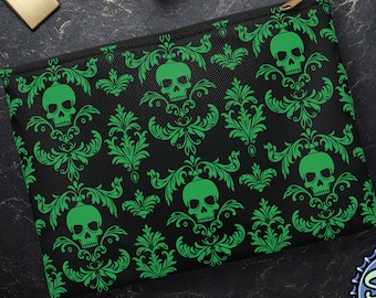 Bolsa de maquillaje gótica con calavera de damasco verde, estuche de lápices con cremallera espeluznante y organizador de viaje.
