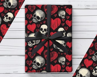 Gothic Hearts and Skulls Wrapping Paper Gift Wrap Dark Academia Anniversary Gifts for Goths Alternative Wedding Anniversary Valentine's Day