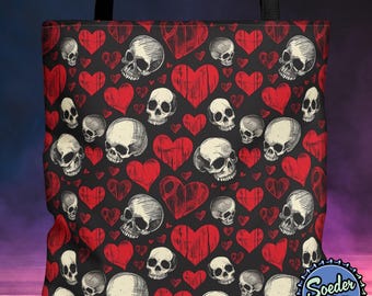 Bolsa de mano gótica con calaveras y corazones, mochila Dark Academia, bolsa gótica negra y roja, bolsa de mano emo de estética oscura, bolsa de compras bonita y espeluznante.