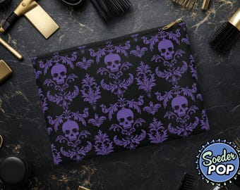 Violet Skull Damask Zipper Pouch, Gothic Makeup Bag, Spooky Cute Skull Pattern Accessory, Halloween Goth Stationery or Travel Pouch Gift