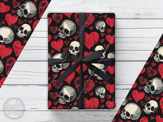 Hearts and Skulls Wrapping Paper | Gothic Valentine Gift Wrap | Romantic Goth Packaging