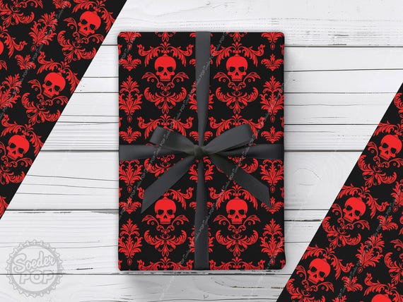 Red Skull Damask Wrapping Paper | Gothic Gift Wrap for Halloween, Christmas, Birthday, Goth Anniversary