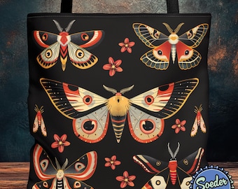 Enchanted Moth Tote Bag, Witchy Tote for Nature & Forest Lovers, Vintage Inspired Moths Print, Gothic Boho Nature Bag, Insect Pattern Design