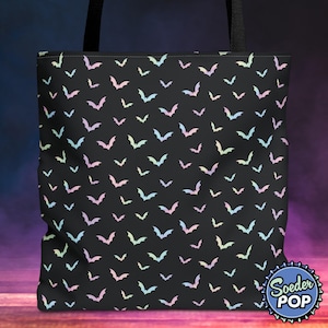 Pastel Goth Bats on Black Tote Bag, Cute and Spooky Sack, Gothic Shopping Bag, Vampire Bat Shoulder Bag Mall Goth Purse, Halloween Treat Bag