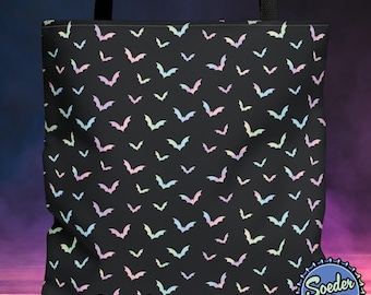 Bolso de mano con murciélagos góticos pastel sobre fondo negro, bonito y espeluznante, bolso de compras gótico, bolso de hombro con murciélago vampiro, bolso gótico para centro comercial, bolsa de dulces de Halloween.