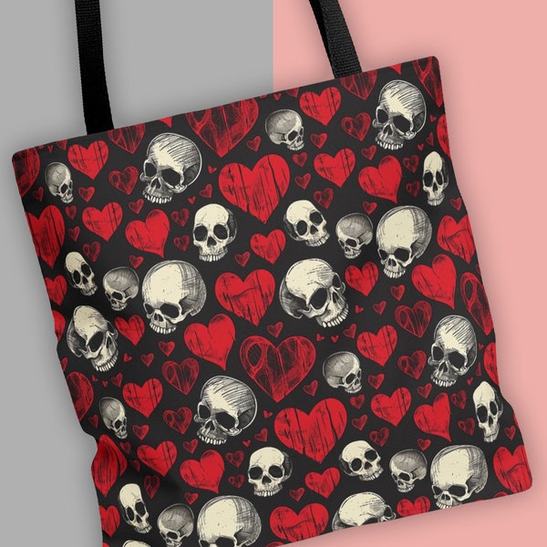 Gothic Hearts and Skulls Tote Bag for Work School Travel Reusable Shopping Bag Grocery Tote Bag for Festival Stylish Shoulder Bag for Books