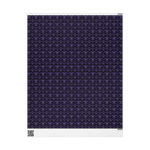 May include: A rectangular print with a repeating pattern of purple skulls and floral designs on a black background. The print has a white border at the bottom, suitable for Halloween or gothic decor.