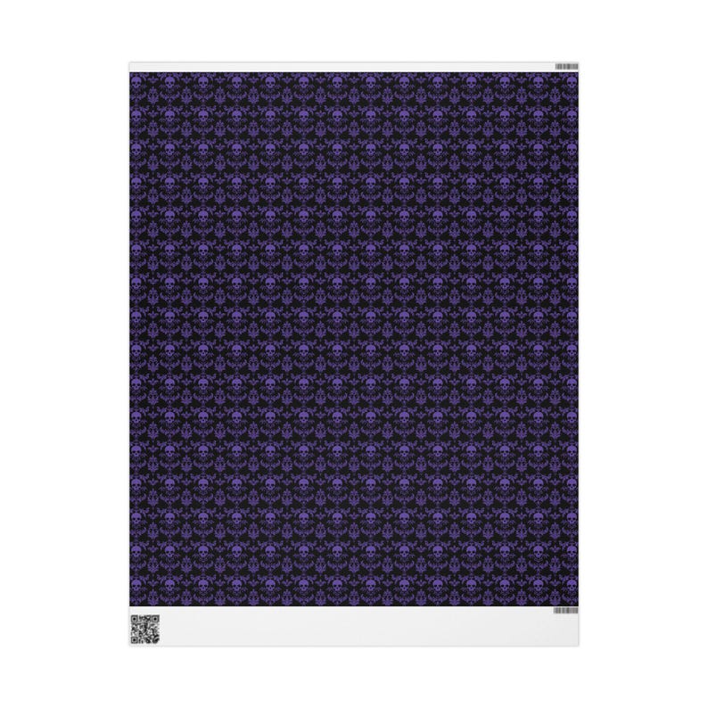 May include: A rectangular print with a repeating pattern of purple skulls and floral designs on a black background. The print has a white border at the bottom, suitable for Halloween or gothic decor.