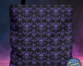Violet Gothic Skull Damask Tote Bag, Goth Skull Pattern Tote Purse, Spooky Bag for Witchy Vibes, Halloween Goth Fashion Accessory, Cool Gift