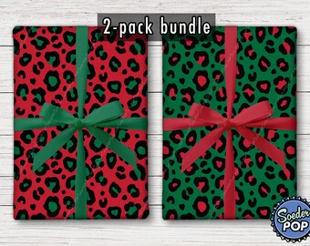 Rote und Grüne Leoparden Muster Weihnachten Geschenkpapier Rollen | Tier Print Weihnachtsgeschenkverpackung