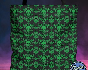 Green Gothic Skull Damask Tote Bag, Witchy Goth Occult Carryall, Cool Reusable Shopping Bag, Spooky Elegant Decor, Halloween Chic Bookbag