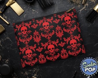 Red Gothic Skull Damask Accessory Pouch, Red Black Makeup Bag, Zipper Pouch, Cosmetic Bag, Travel Organizer, Goth Aesthetic Pencil Bag