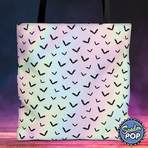 Black Bats on Pastel Goth Tote Bag, Cute and Spooky Sack, Gothic Shopping Bag, Vampire Bat Shoulder Bag Mall Goth Purse, Halloween Treat Bag