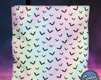 Bolso de mano gótico con murciélagos negros sobre fondo pastel, bonito y espeluznante, bolso de compras gótico, bolso de hombro con murciélago vampiro, bolso gótico para centro comercial, bolsa de dulces de Halloween.