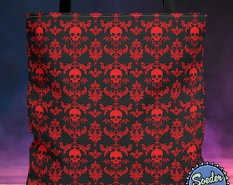 Borsa tote in damasco con teschio gotico rosso, borsa tote con motivo teschio gotico, borsa spettrale per vibrazioni da strega, accessorio moda gotico per Halloween, borsa nera