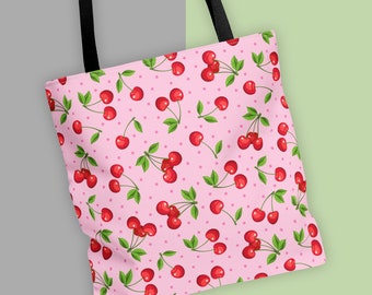 Pink Cherry Print Tote Bag with Polka Dots for Work School Travel Reusable Shopping Bag Grocery Tote Bag for Festival Laundry Bag for Books