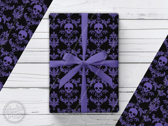 Violet Skull Damask Wrapping Paper | Purple Gothic Gift Wrap for Halloween, Birthday, Goth Wedding