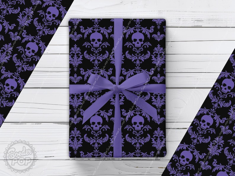 Violet Skull Damask Wrapping Paper | Purple Gothic Gift Wrap for Halloween, Birthday, Goth Wedding image 1