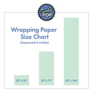 May include: A chart showing the different sizes of wrapping paper available. The chart shows three different sizes: 30 inches by 20 inches, 30 inches by 72 inches, and 30 inches by 144 inches.