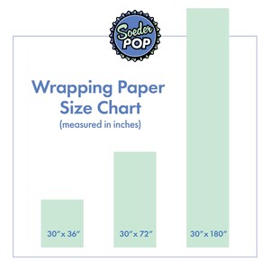 May include: A wrapping paper size chart showing three green rectangles of different heights, representing sizes. The sizes are 30" x 36" (76.2cm x 91.4cm), 30" x 72" (76.2cm x 182.9cm), and 30" x 180" (76.2cm x 457.2cm). The chart is labeled "Wrapping Paper Size Chart".